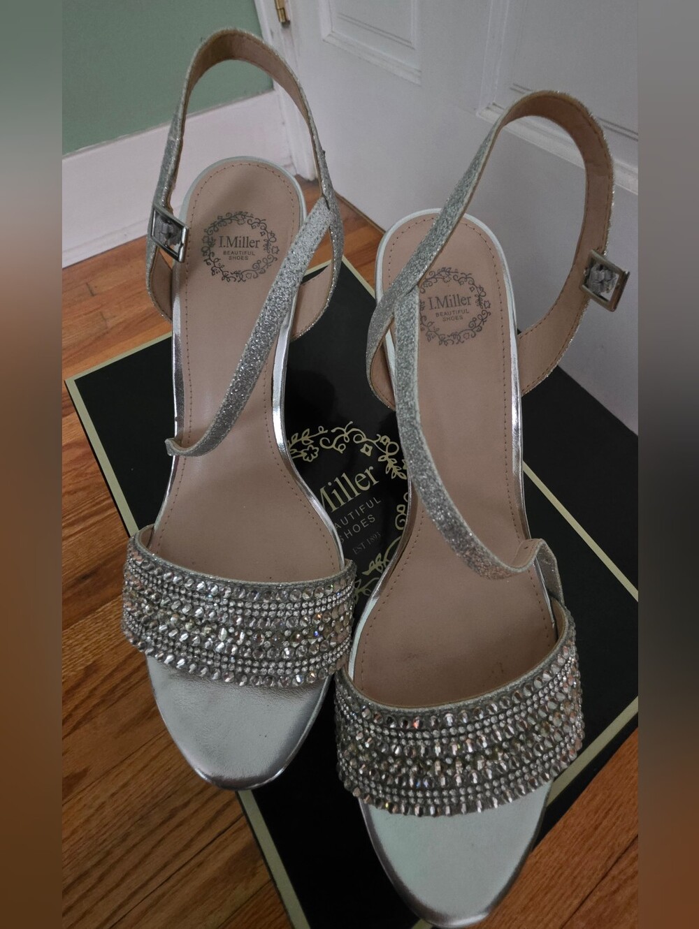 I Miller Vertie Silver Crystal Slingback Heeled Sandals